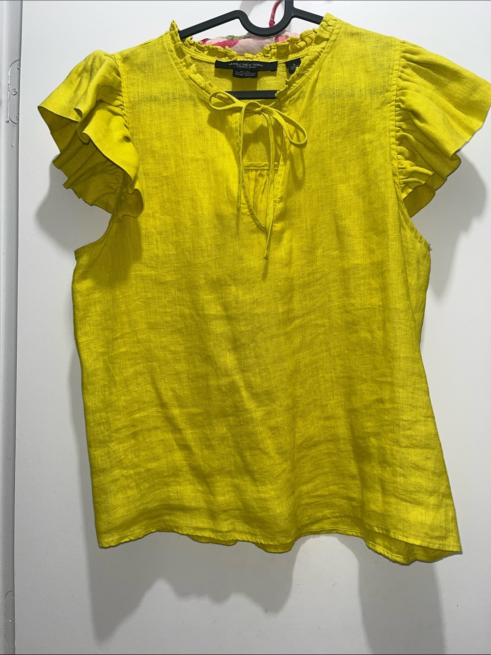 Marc New York Andrew Marc Women’s Yellow Ruffle Sleeve 100% Linen Top